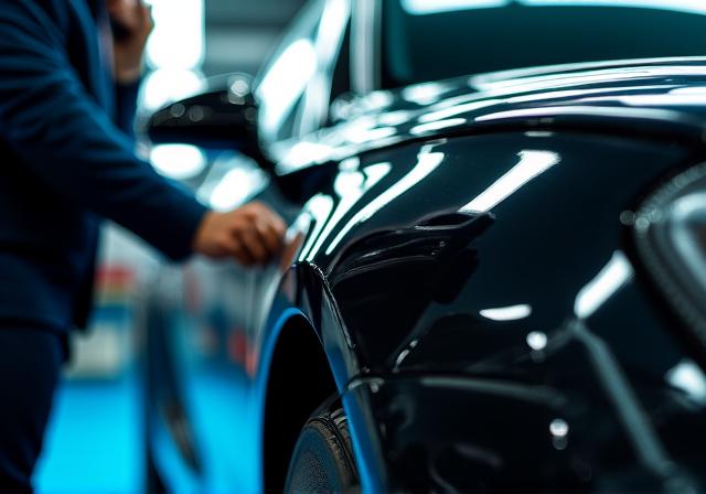 Professional car detailer polishing a black luxury sedan