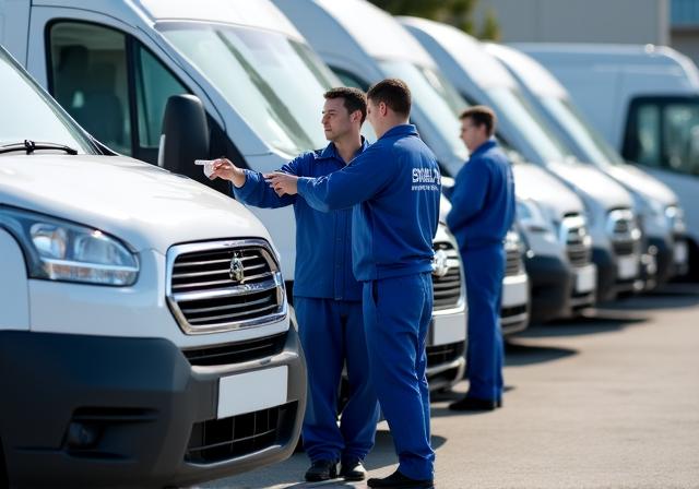 A line of clean white commercial vans being polished by professionals